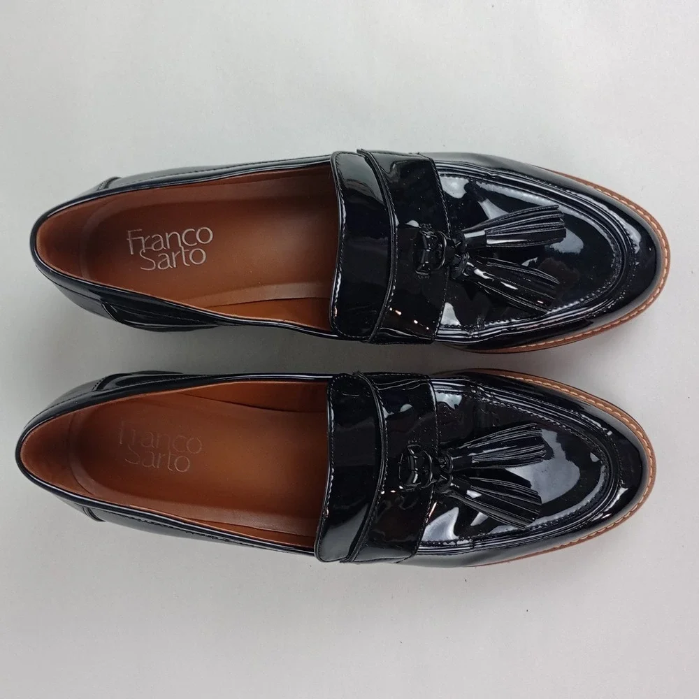 Franco Sarto Womens 10 Black Patent Tassel Platform Lug Sole Carolynn Loafers